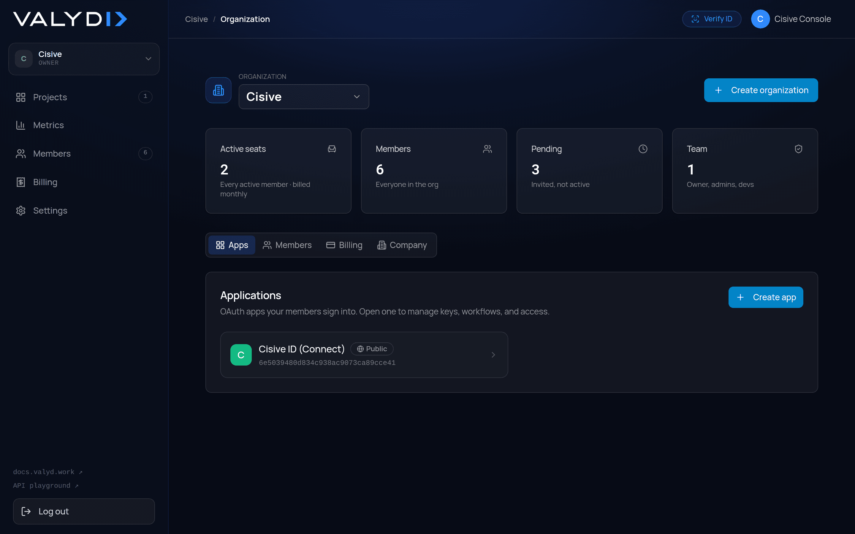 An organization in the Developer Portal: seats, members, team, and shared apps